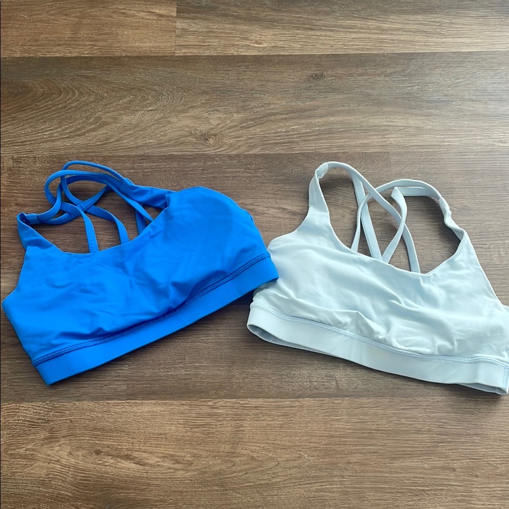 Lululemon Athletica Blue and White Sports Bras with Strappy Details